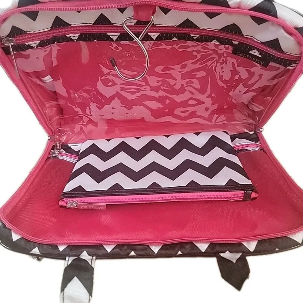 NWT 4‑Piece Makeup Travel Bag Set Pink & Black Chevron Cosmetic Organizer